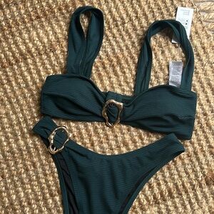 Emerald and gold detail bikini set high, waisted bottoms Elegant Teal Bikini Set